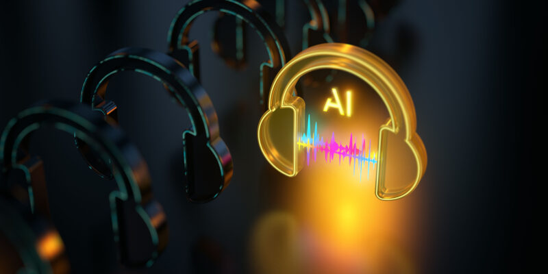 Glowing AI Music icon with audio waveform on dark background. Yellow transparent glass material glowing on dark reflecting floor