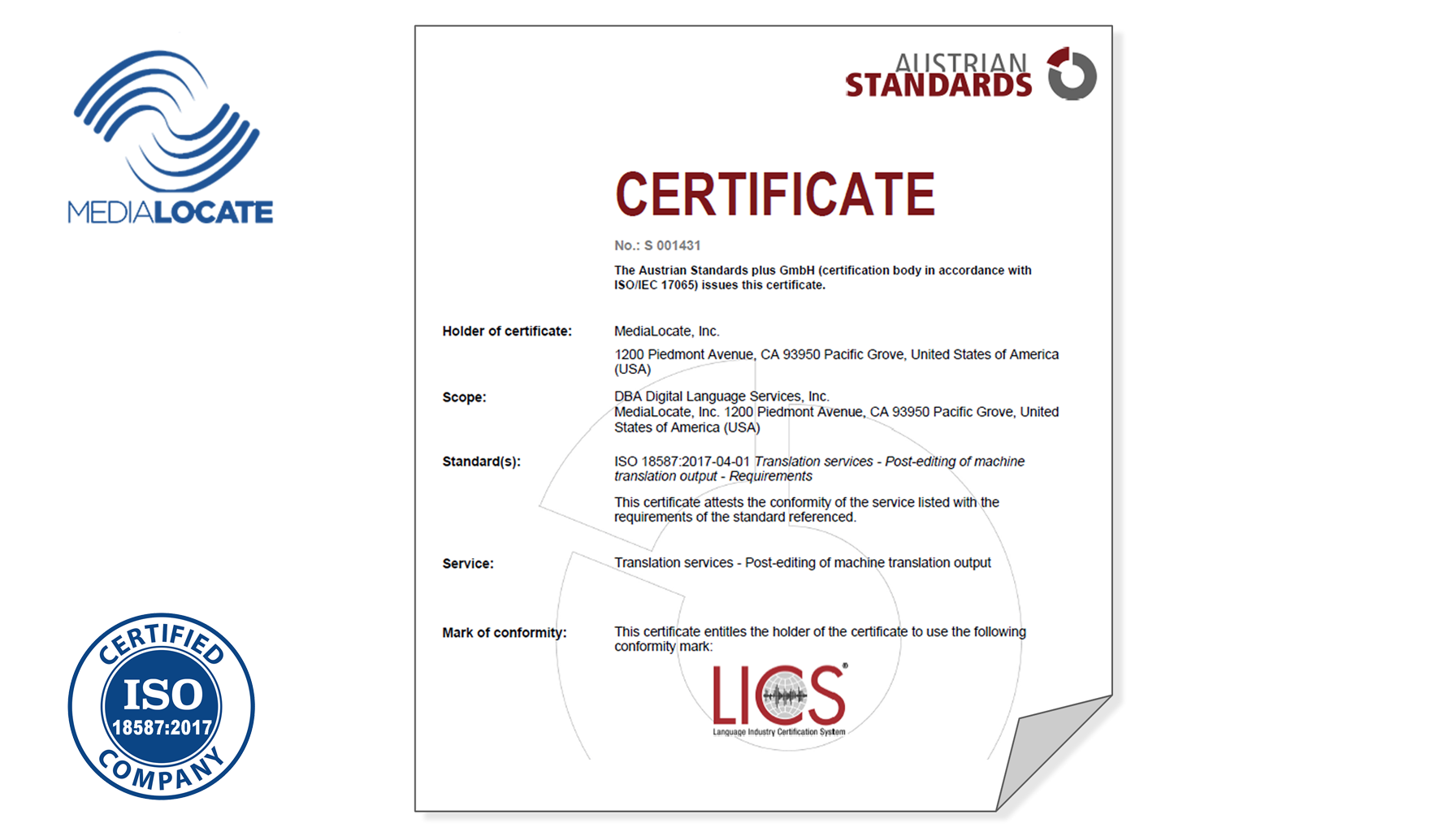MediaLocate received the ISO 18587:2017 certification for MT Post-Editing