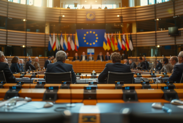 a group of European regulators sitting around a table in Brussels and discussing the implication of the new AI Act