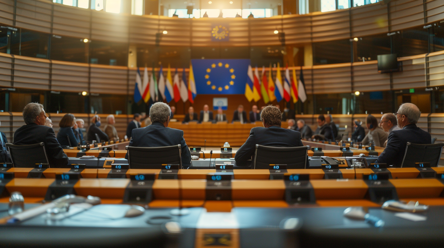 a group of European regulators sitting around a table in Brussels and discussing the implication of the new AI Act