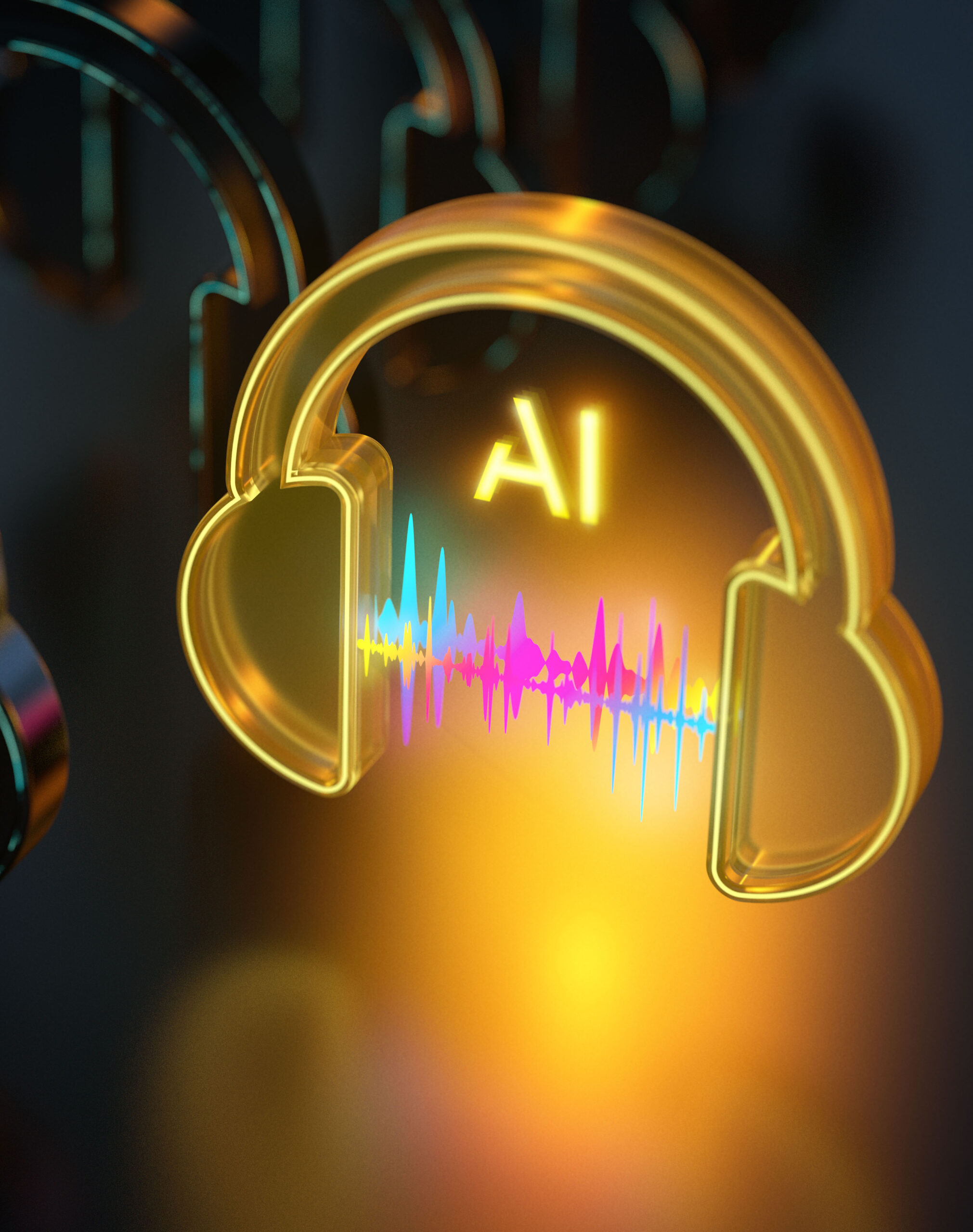 Glowing AI Music icon with audio waveform on dark background. Yellow